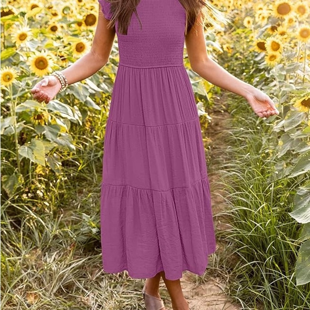 MEROKEETY Women's Flutter Short Sleeve Smocked Midi Dress, Size M